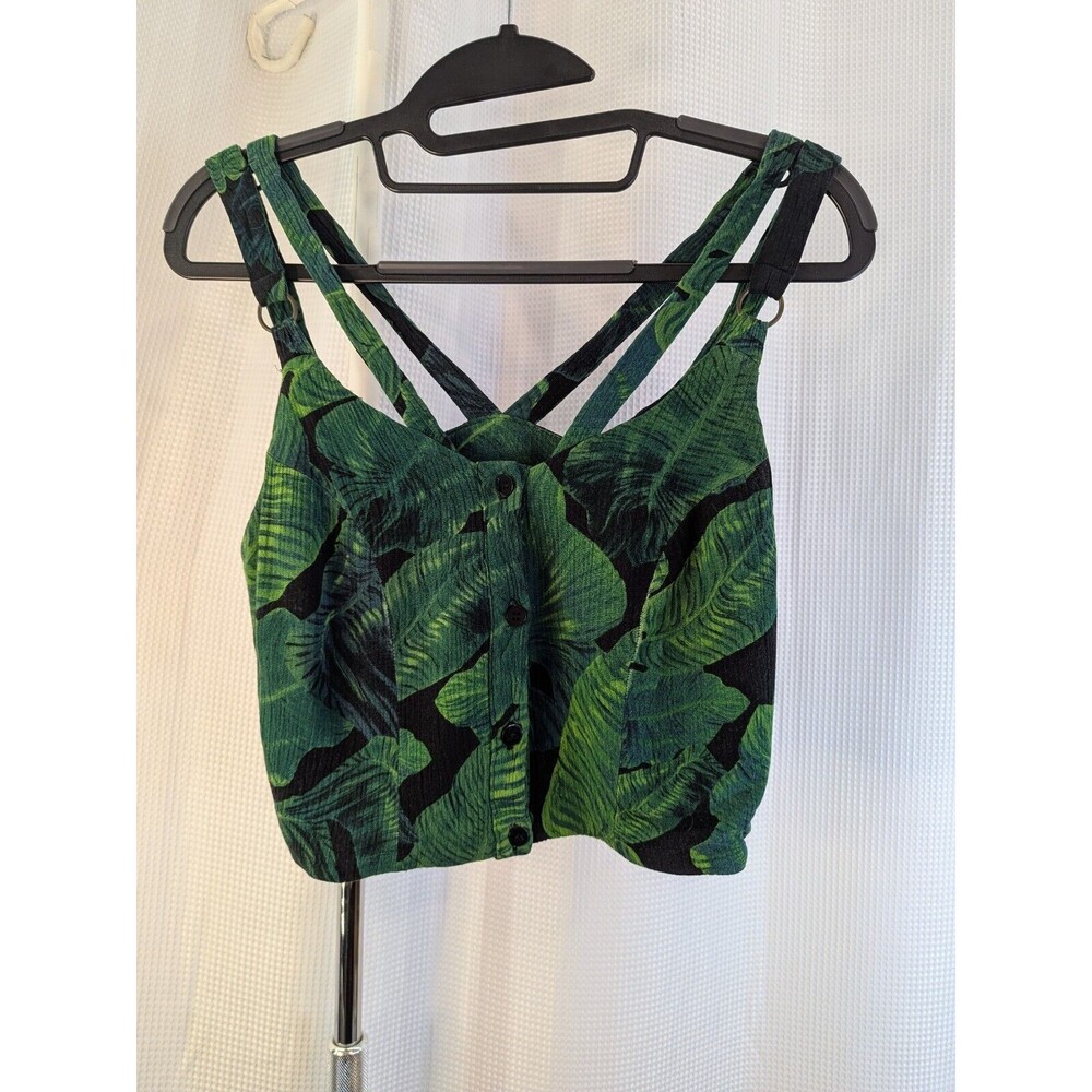 Topshop Tropical Crop Strappy Tank Top Green Button-Front Leaves Sz 4 (I13)